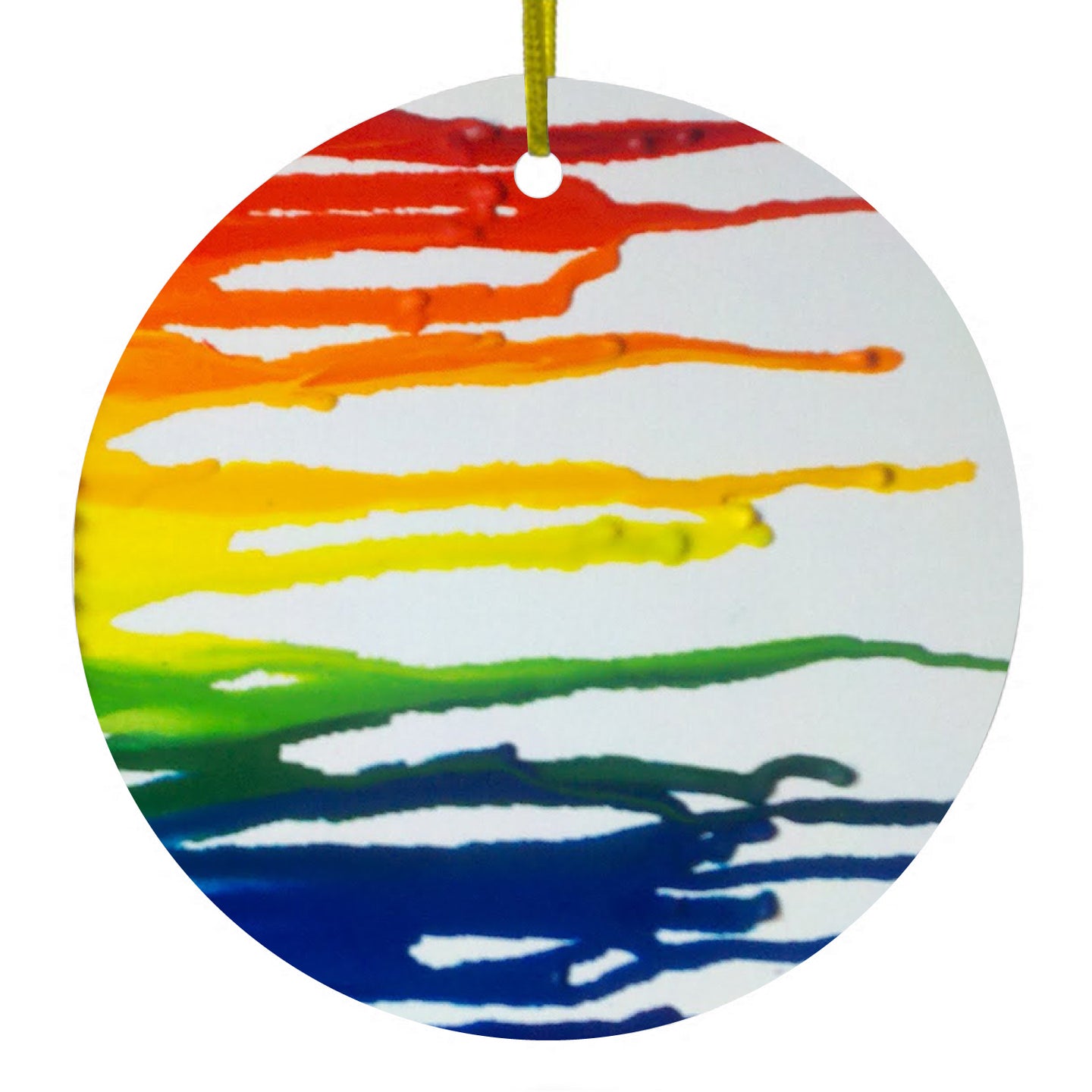 DistinctInk® Hanging Ceramic Christmas Tree Ornament with Gold String - Great Gift / Present - 2 3/4 inch Diameter - Rainbow Melted Crayons