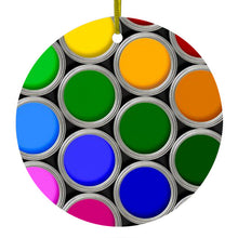 DistinctInk® Hanging Ceramic Christmas Tree Ornament with Gold String - Great Gift / Present - 2 3/4 inch Diameter - Rainbow Paint Cans