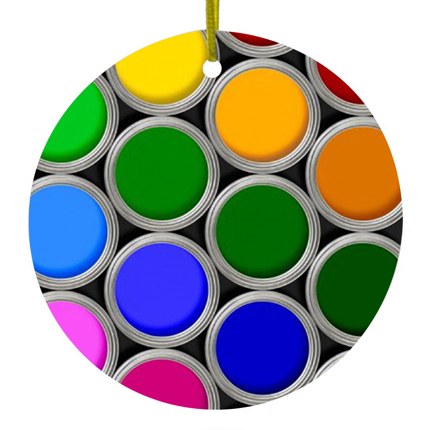 DistinctInk® Hanging Ceramic Christmas Tree Ornament with Gold String - Great Gift / Present - 2 3/4 inch Diameter - Rainbow Paint Cans