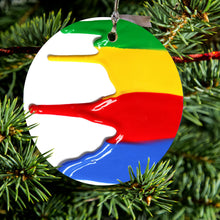 DistinctInk® Hanging Ceramic Christmas Tree Ornament with Gold String - Great Gift / Present - 2 3/4 inch Diameter - Rainbow Paint Dripping
