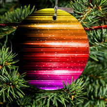 DistinctInk® Hanging Ceramic Christmas Tree Ornament with Gold String - Great Gift / Present - 2 3/4 inch Diameter - Rainbow Light Glowing Lines