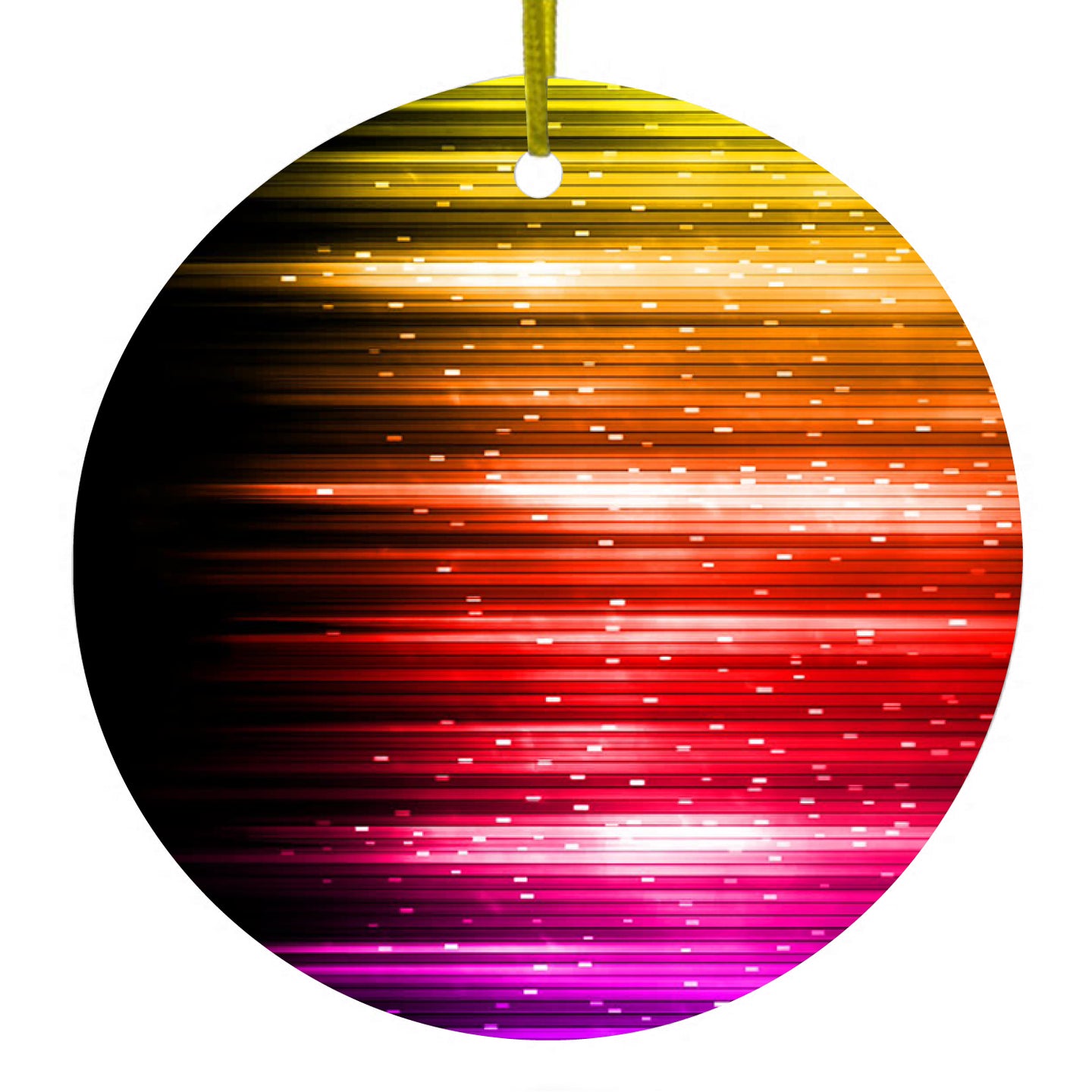 DistinctInk® Hanging Ceramic Christmas Tree Ornament with Gold String - Great Gift / Present - 2 3/4 inch Diameter - Rainbow Light Glowing Lines