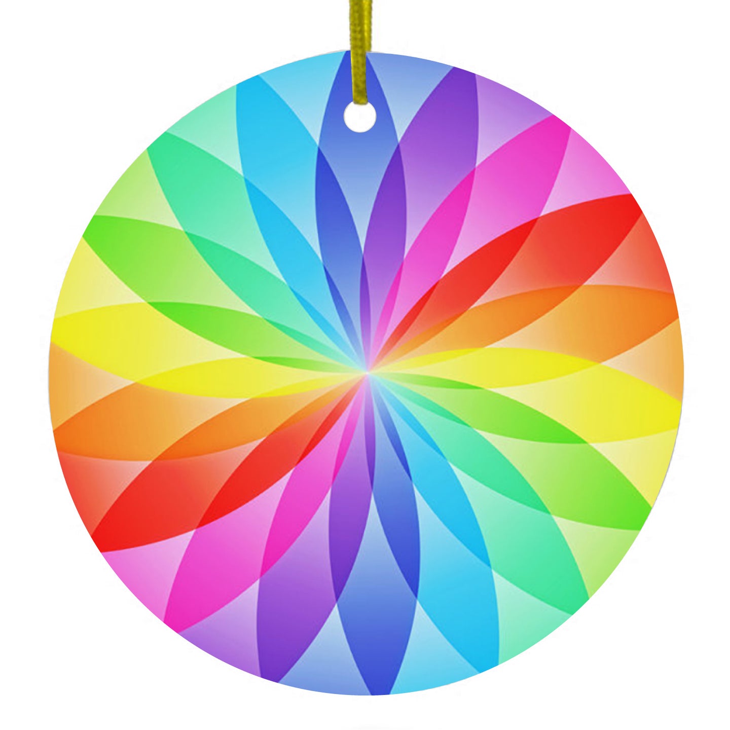 DistinctInk® Hanging Ceramic Christmas Tree Ornament with Gold String - Great Gift / Present - 2 3/4 inch Diameter - Rainbow Star Geometric