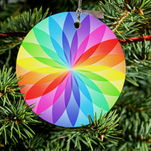 DistinctInk® Hanging Ceramic Christmas Tree Ornament with Gold String - Great Gift / Present - 2 3/4 inch Diameter - Rainbow Star Geometric
