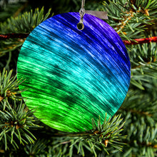 DistinctInk® Hanging Ceramic Christmas Tree Ornament with Gold String - Great Gift / Present - 2 3/4 inch Diameter - Rainbow Shimmering Curve