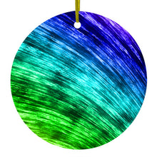 DistinctInk® Hanging Ceramic Christmas Tree Ornament with Gold String - Great Gift / Present - 2 3/4 inch Diameter - Rainbow Shimmering Curve