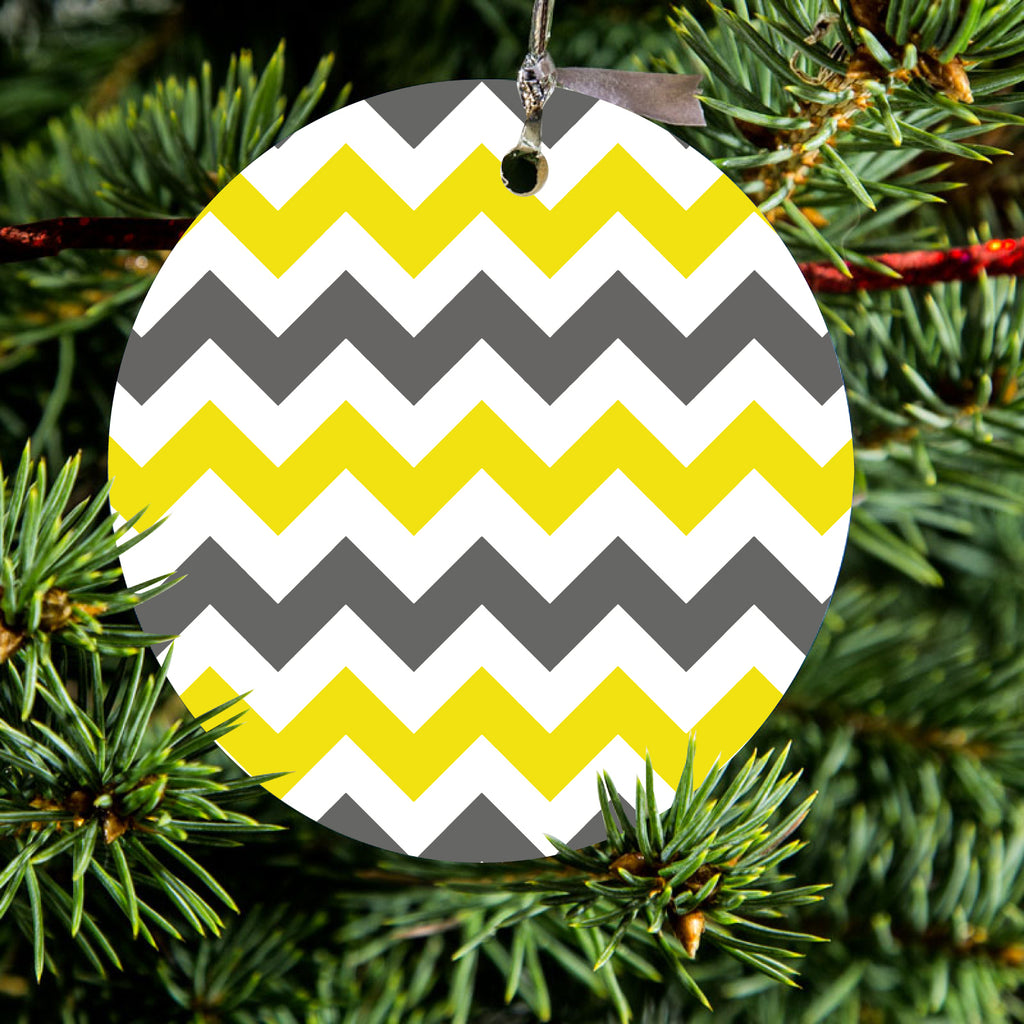 Grey Yellow Chevron Stripes Ceramic Ornament, view 2