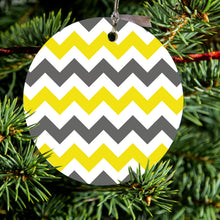 DistinctInk® Hanging Ceramic Christmas Tree Ornament with Gold String - Great Gift / Present - 2 3/4 inch Diameter - Grey Yellow Chevron Stripes