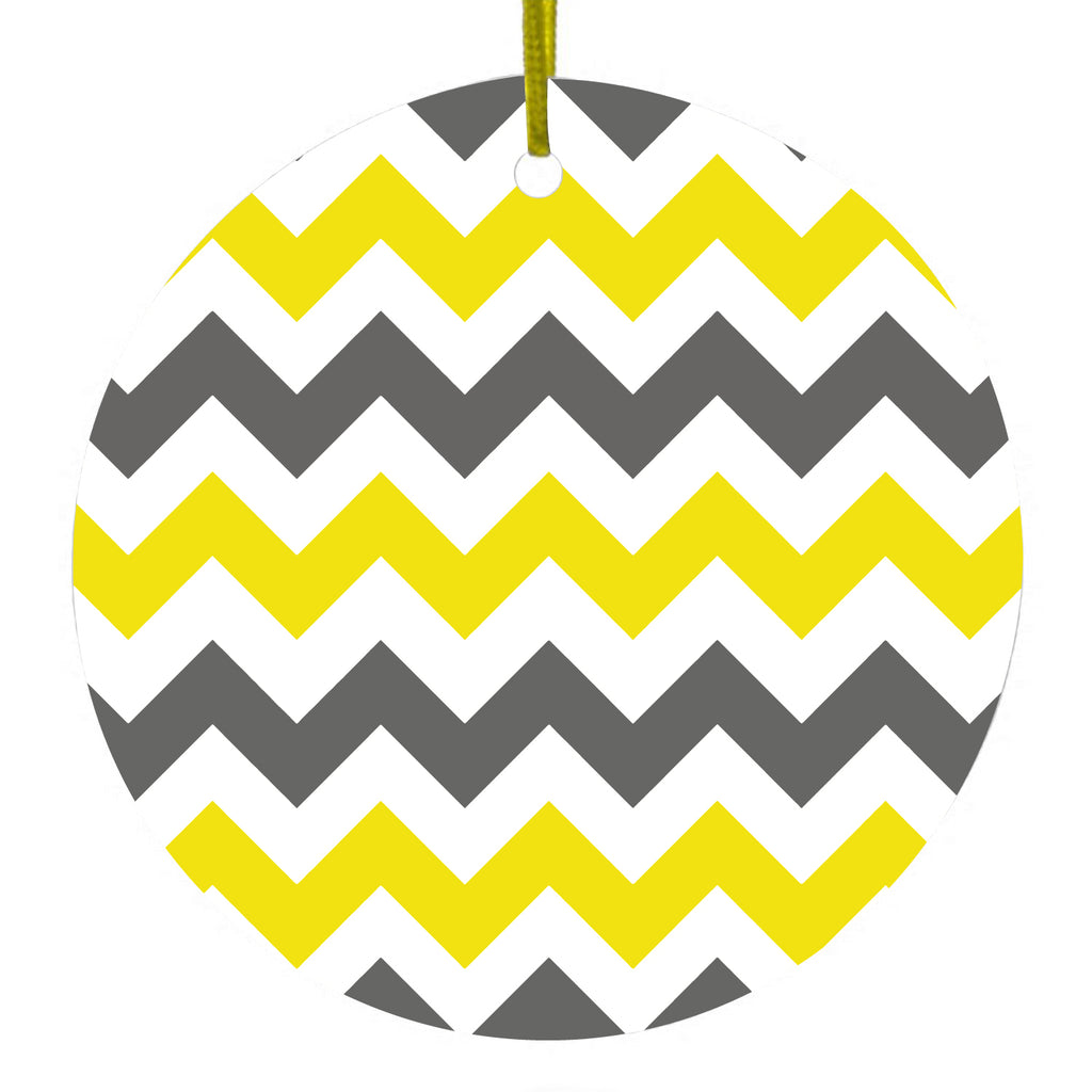Grey Yellow Chevron Stripes Ceramic Ornament