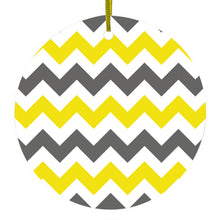 DistinctInk® Hanging Ceramic Christmas Tree Ornament with Gold String - Great Gift / Present - 2 3/4 inch Diameter - Grey Yellow Chevron Stripes