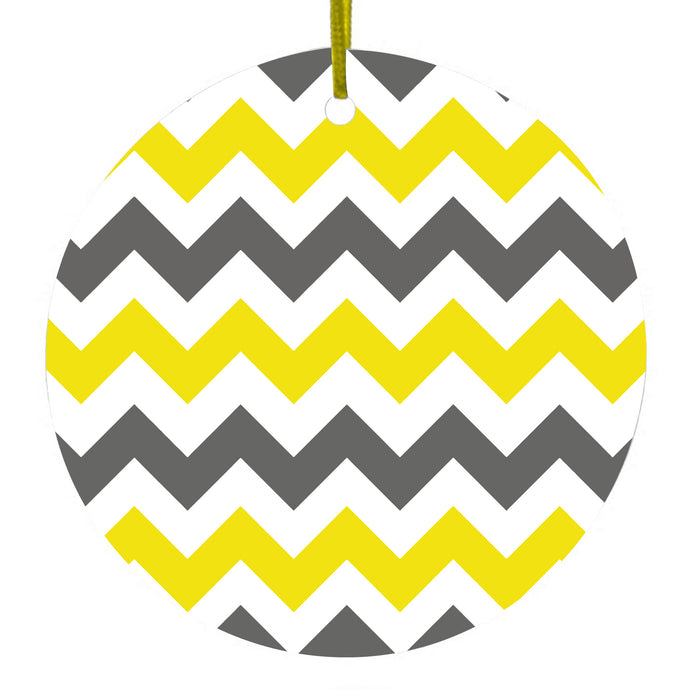 Grey Yellow Chevron Stripes Ceramic Ornament