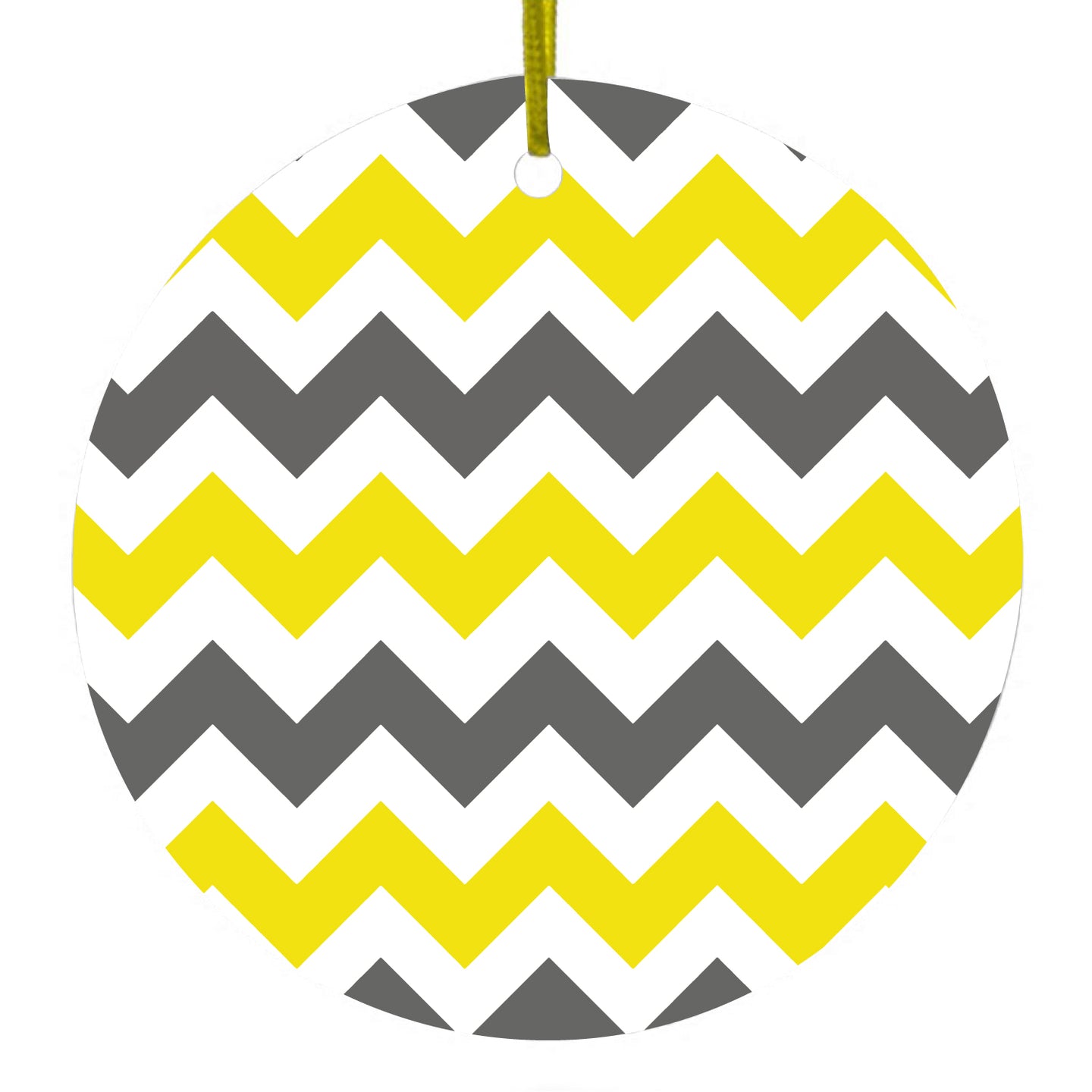 DistinctInk® Hanging Ceramic Christmas Tree Ornament with Gold String - Great Gift / Present - 2 3/4 inch Diameter - Grey Yellow Chevron Stripes