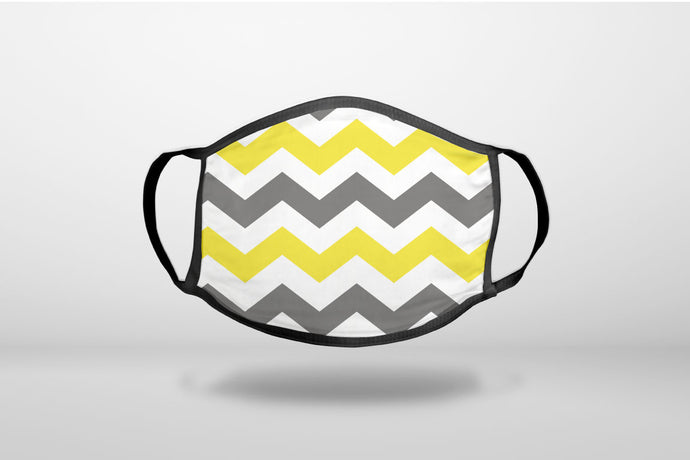Grey Yellow Chevron Stripes - 3-Ply Reusable Soft Face Mask Covering, Unisex, Cotton Inner Layer