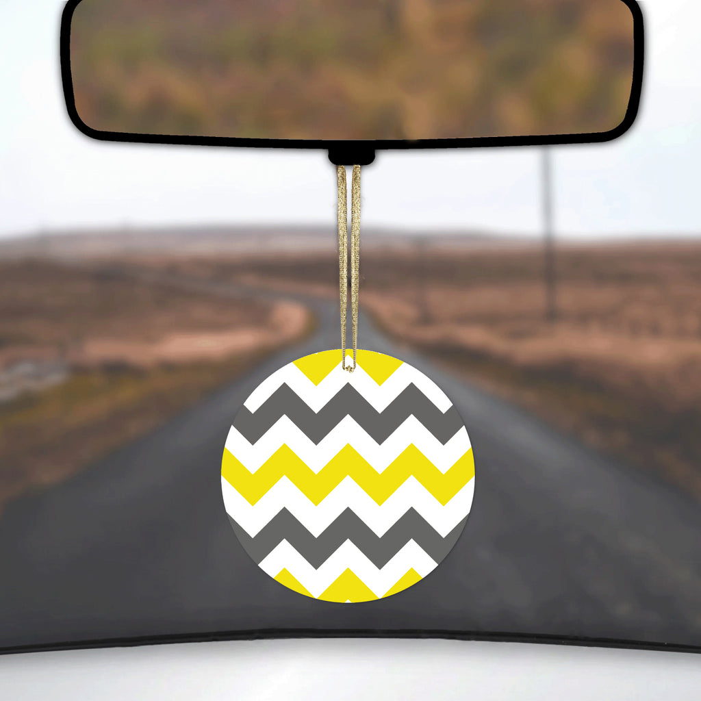 Grey Yellow Chevron Stripes Ceramic Ornament, view 3