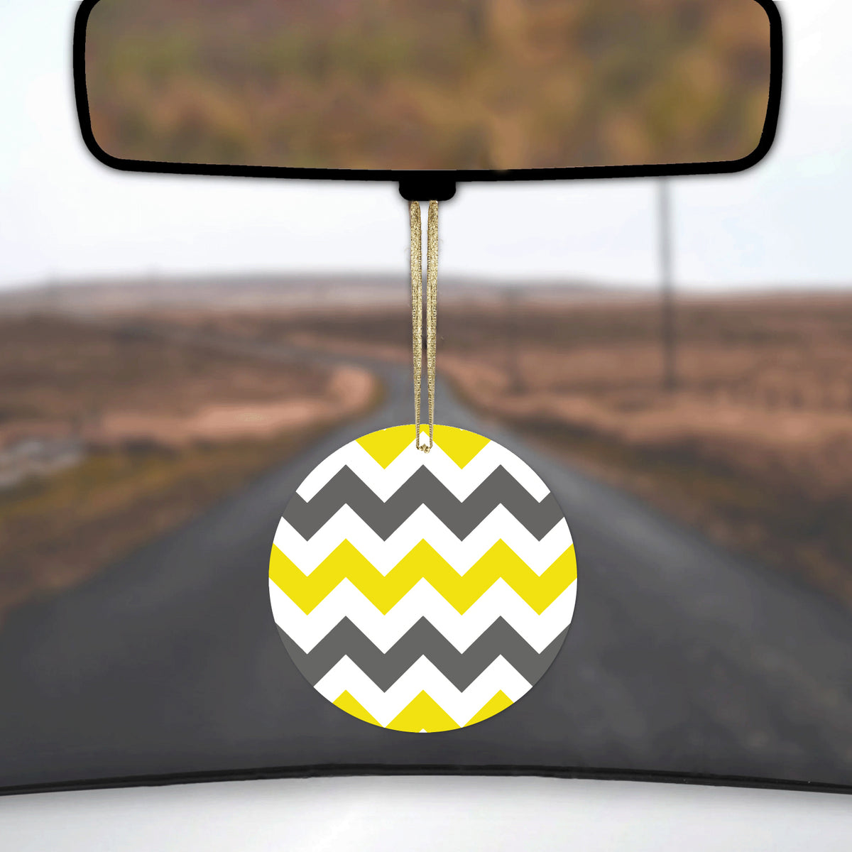 Grey Yellow Chevron Stripes Ceramic Ornament, view 3