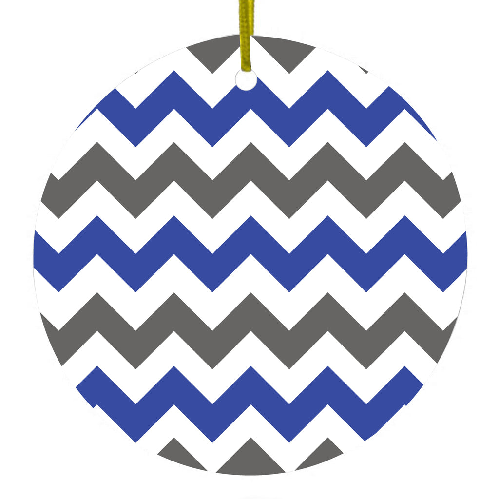 Blue Grey Chevron Stripes Ceramic Ornament