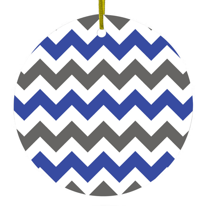 Blue Grey Chevron Stripes Ceramic Ornament