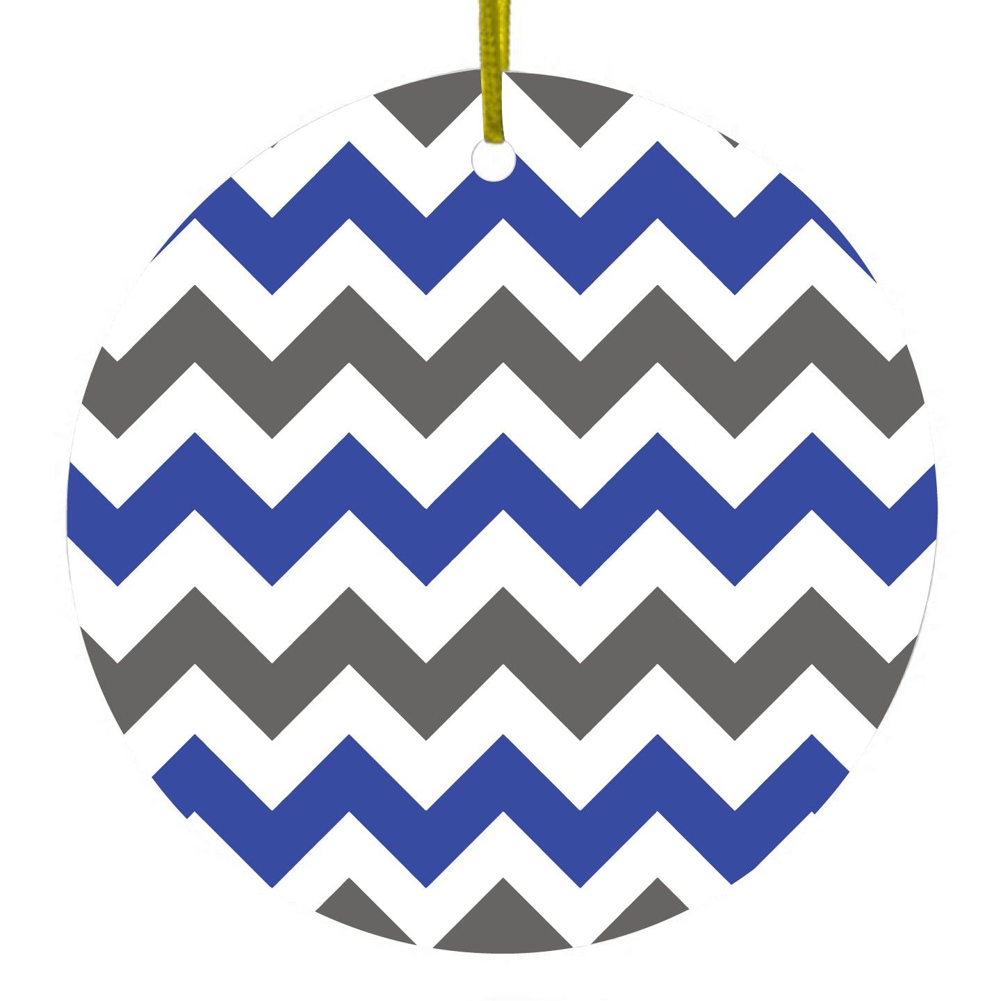 DistinctInk® Hanging Ceramic Christmas Tree Ornament with Gold String - Great Gift / Present - 2 3/4 inch Diameter - Blue Grey Chevron Stripes