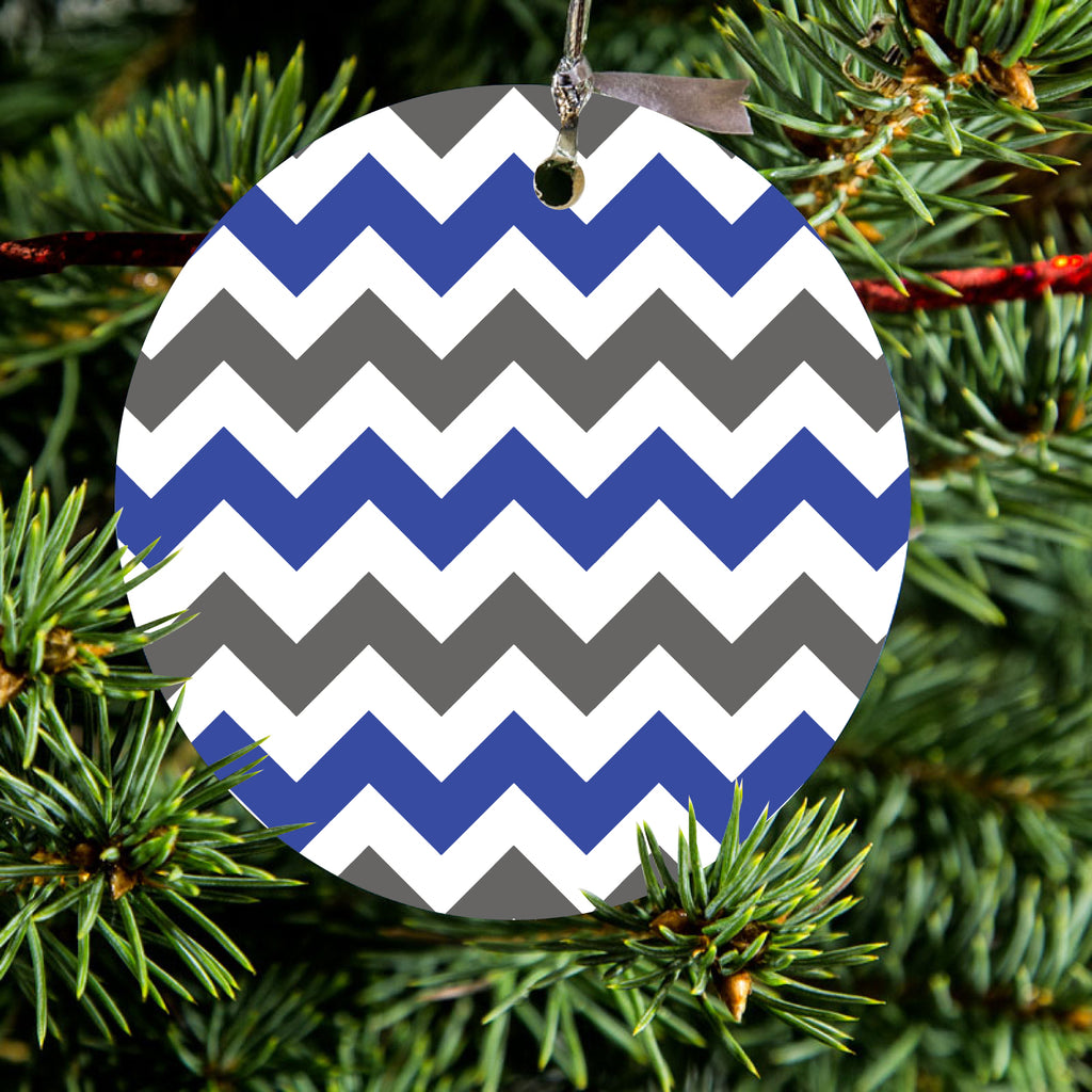 Blue Grey Chevron Stripes Ceramic Ornament, view 2