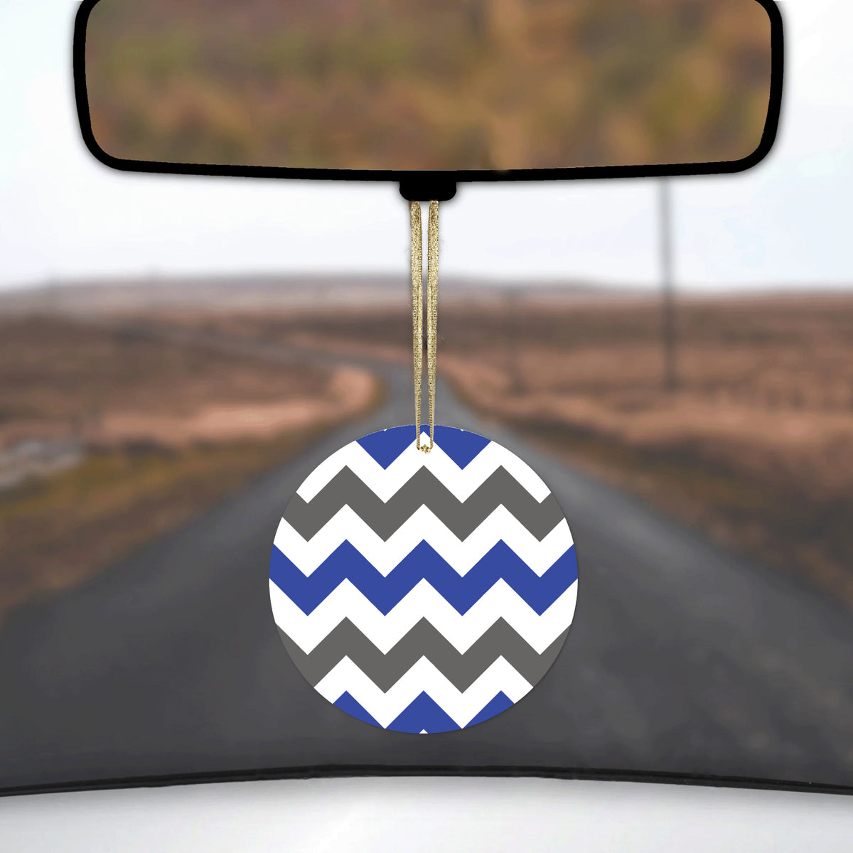 Blue Grey Chevron Stripes Ceramic Ornament, view 3