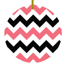 DistinctInk® Hanging Ceramic Christmas Tree Ornament with Gold String - Great Gift / Present - 2 3/4 inch Diameter - Black Pink Chevron Stripes