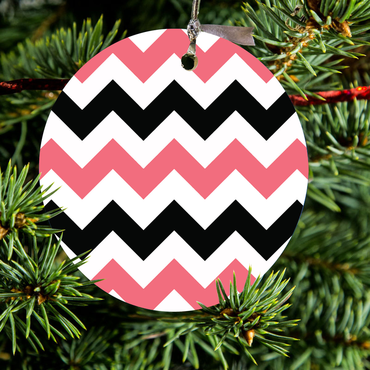 Black Pink Chevron Stripes Ceramic Ornament, view 2