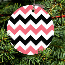 DistinctInk® Hanging Ceramic Christmas Tree Ornament with Gold String - Great Gift / Present - 2 3/4 inch Diameter - Black Pink Chevron Stripes