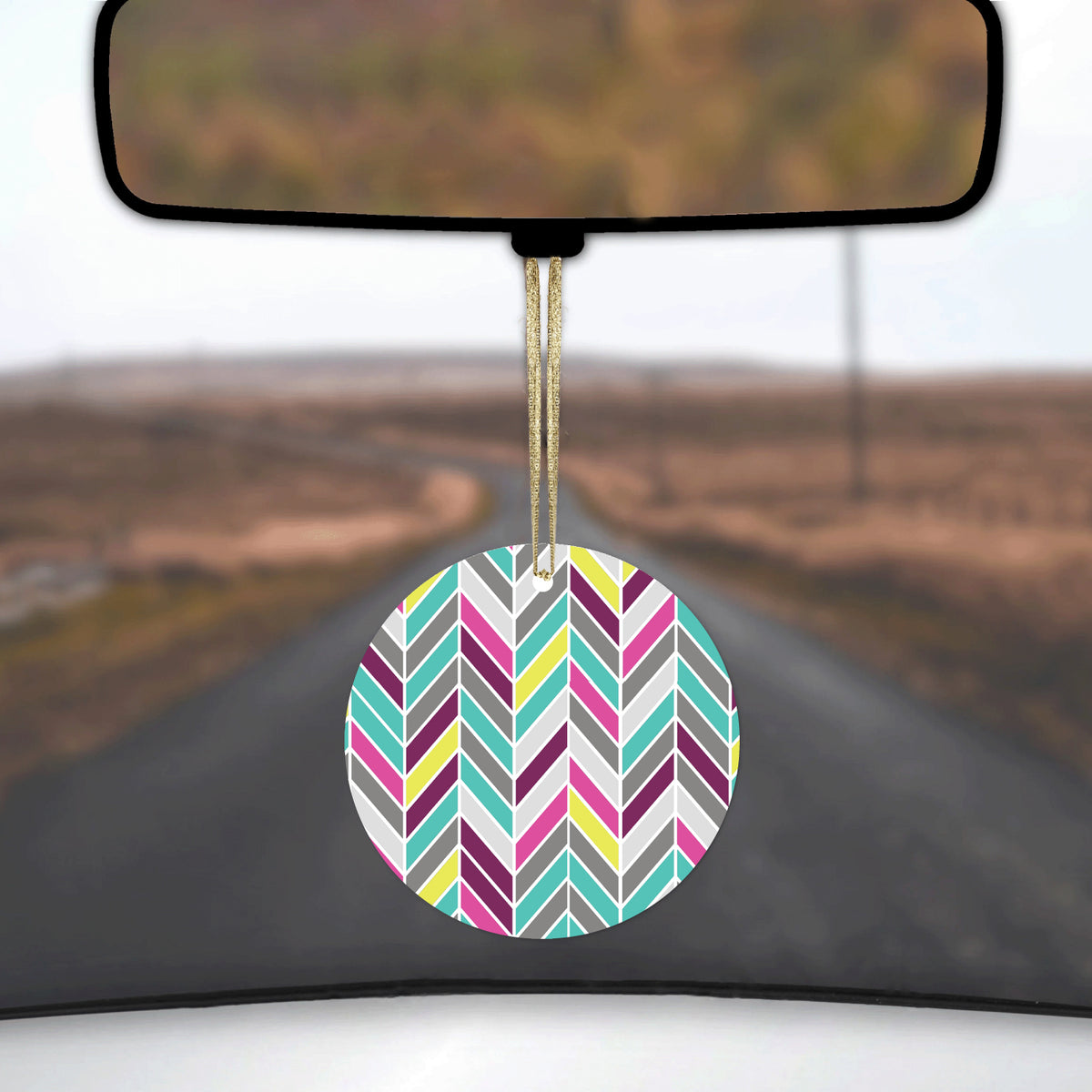 Pink Purple Teal Herringbone Ceramic Ornament, view 3