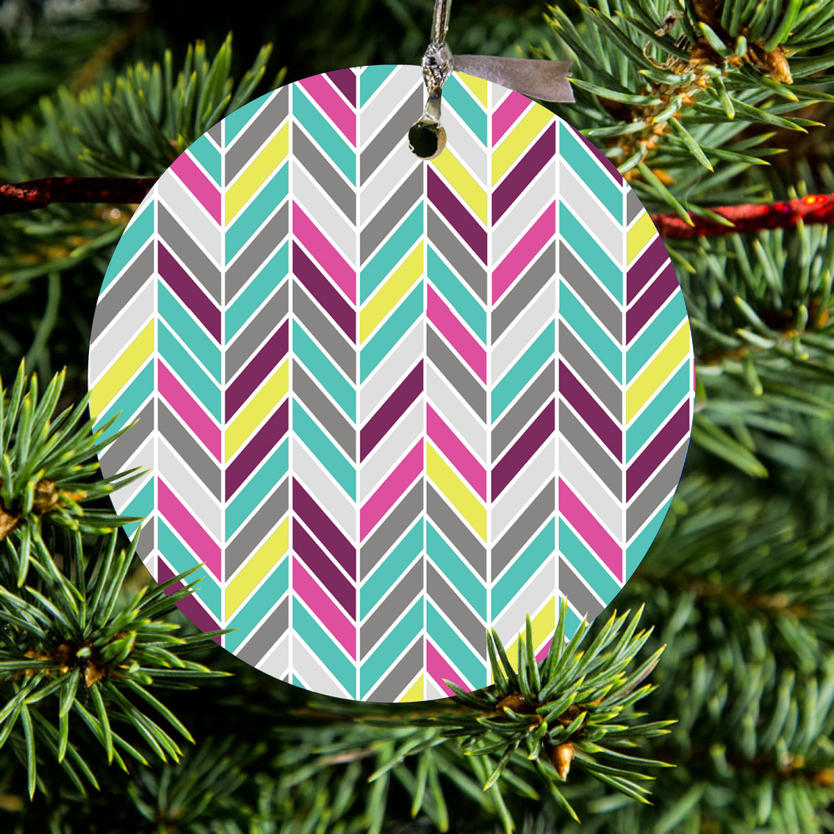 Pink Purple Teal Herringbone Ceramic Ornament, view 2