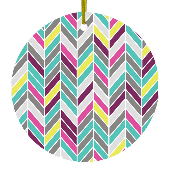 Pink Purple Teal Herringbone Ceramic Ornament