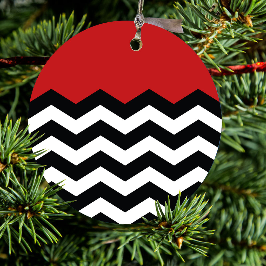 Black White Red Chevron Ceramic Ornament, view 2