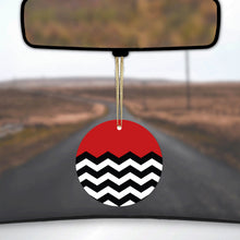DistinctInk® Hanging Ceramic Christmas Tree Ornament with Gold String - Great Gift / Present - 2 3/4 inch Diameter - Black White Red Chevron