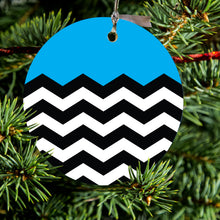 DistinctInk® Hanging Ceramic Christmas Tree Ornament with Gold String - Great Gift / Present - 2 3/4 inch Diameter - Black White Cyan Blue Chevron
