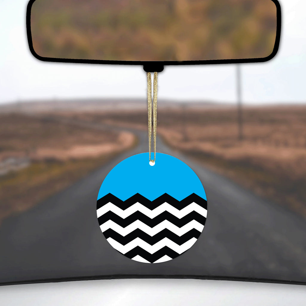 Black White Cyan Blue Chevron Ceramic Ornament, view 3