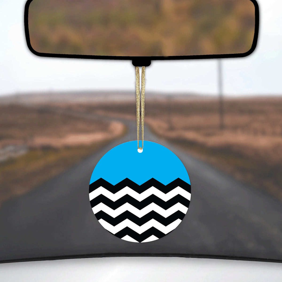 Black White Cyan Blue Chevron Ceramic Ornament, view 3