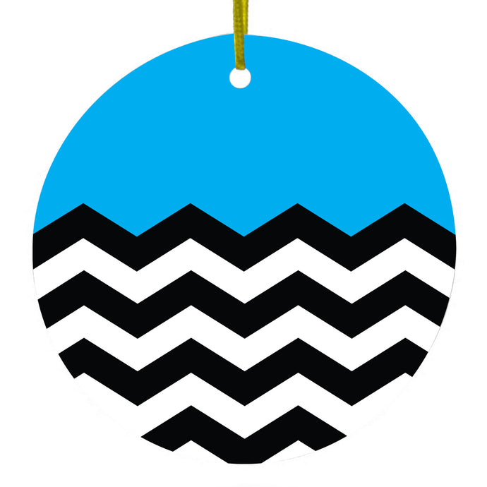 Black White Cyan Blue Chevron Ceramic Ornament
