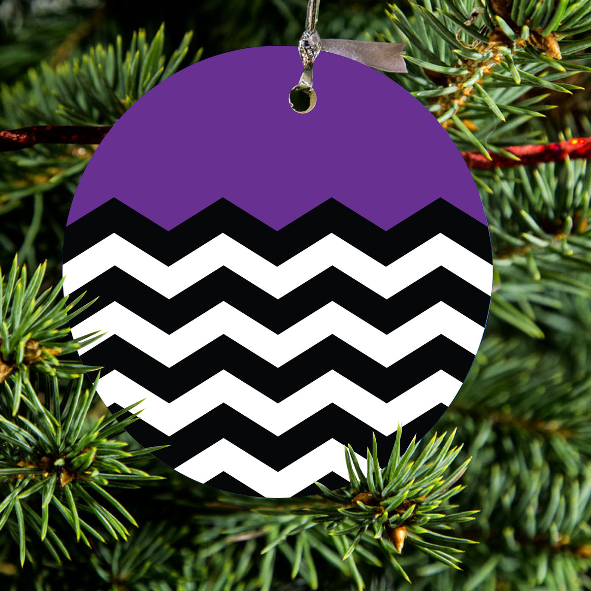 Black White Purple Chevron Ceramic Ornament, view 2
