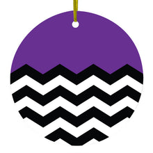 DistinctInk® Hanging Ceramic Christmas Tree Ornament with Gold String - Great Gift / Present - 2 3/4 inch Diameter - Black White Purple Chevron