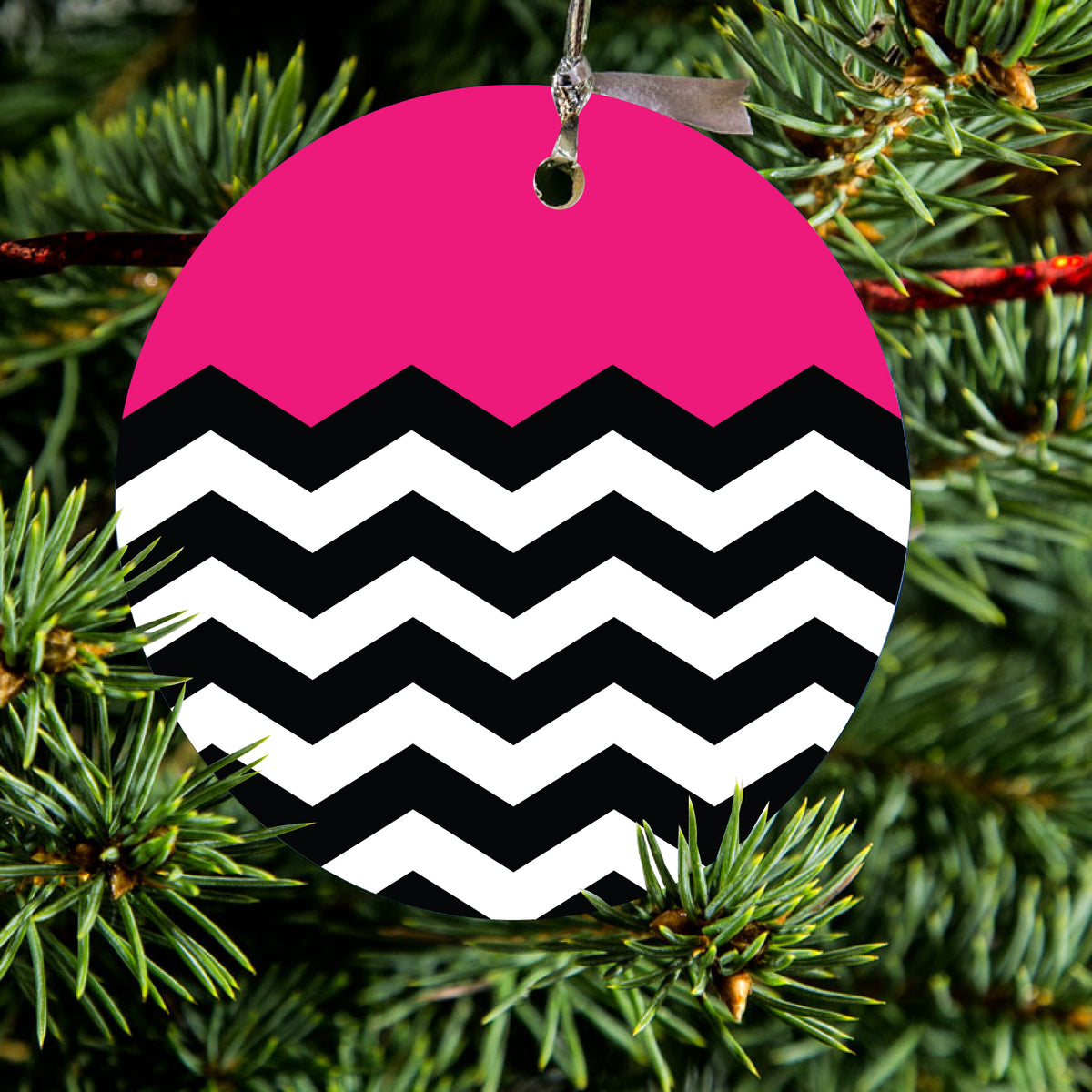 Black White Hot Pink Chevron Ceramic Ornament, view 2