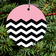 DistinctInk® Hanging Ceramic Christmas Tree Ornament with Gold String - Great Gift / Present - 2 3/4 inch Diameter - Black White Pink Chevron