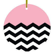 DistinctInk® Hanging Ceramic Christmas Tree Ornament with Gold String - Great Gift / Present - 2 3/4 inch Diameter - Black White Pink Chevron