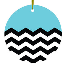 DistinctInk® Hanging Ceramic Christmas Tree Ornament with Gold String - Great Gift / Present - 2 3/4 inch Diameter - Black White Blue Chevron