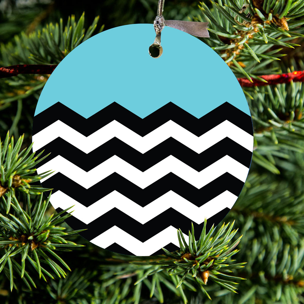 Black White Blue Chevron Ceramic Ornament, view 2