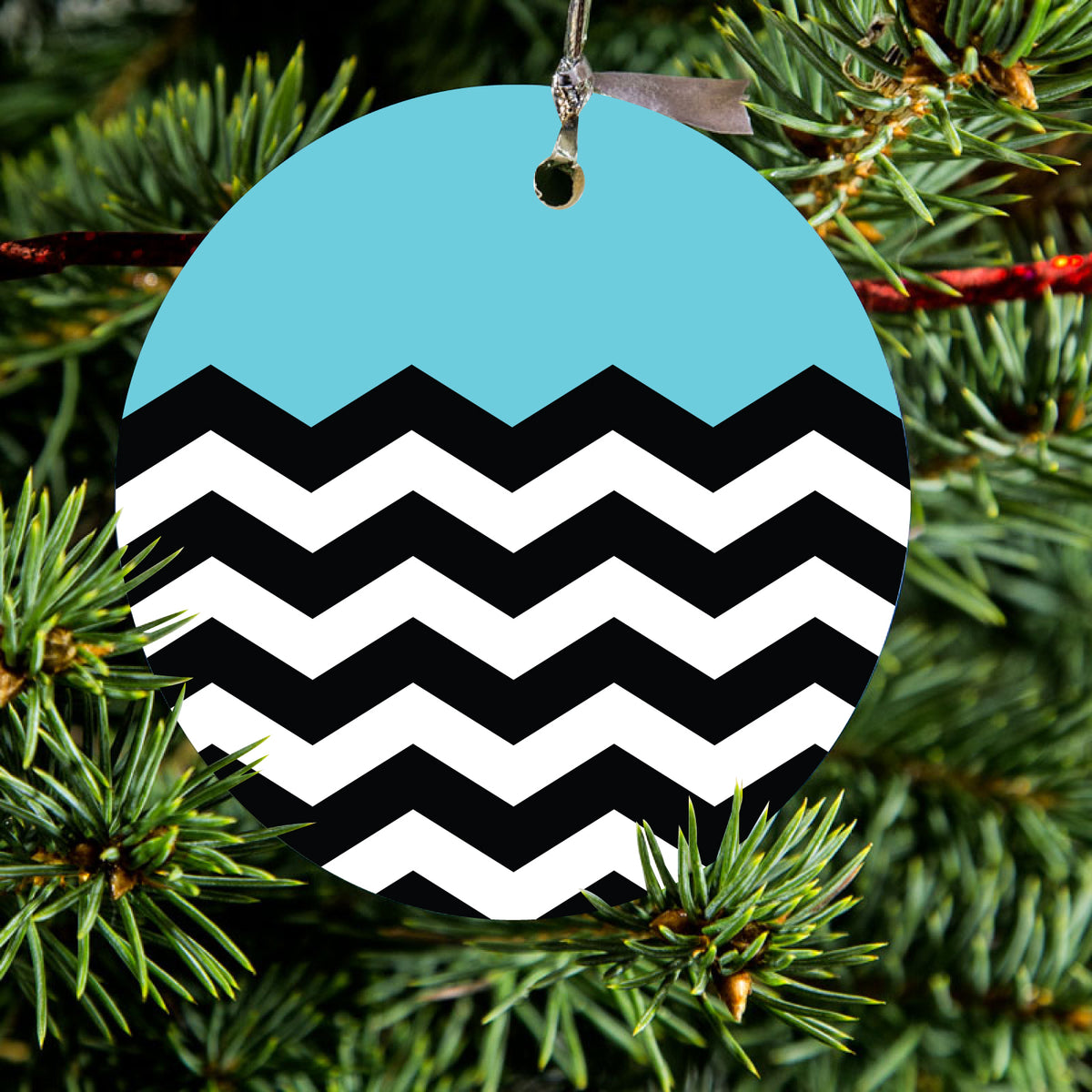Black White Blue Chevron Ceramic Ornament, view 2