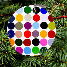 DistinctInk® Hanging Ceramic Christmas Tree Ornament with Gold String - Great Gift / Present - 2 3/4 inch Diameter - Rainbow Polka Dots