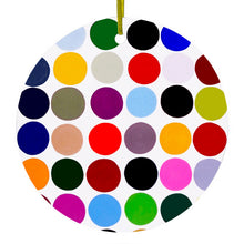 DistinctInk® Hanging Ceramic Christmas Tree Ornament with Gold String - Great Gift / Present - 2 3/4 inch Diameter - Rainbow Polka Dots