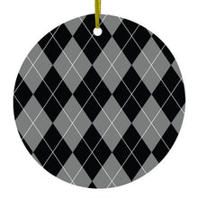 DistinctInk® Hanging Ceramic Christmas Tree Ornament with Gold String - Great Gift / Present - 2 3/4 inch Diameter - Black Grey White Argyle
