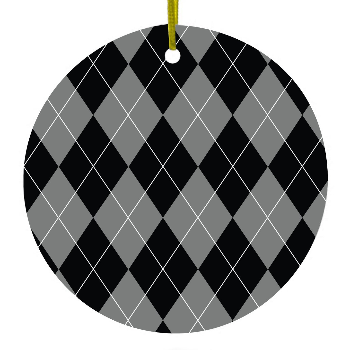 DistinctInk® Hanging Ceramic Christmas Tree Ornament with Gold String - Great Gift / Present - 2 3/4 inch Diameter - Black Grey White Argyle