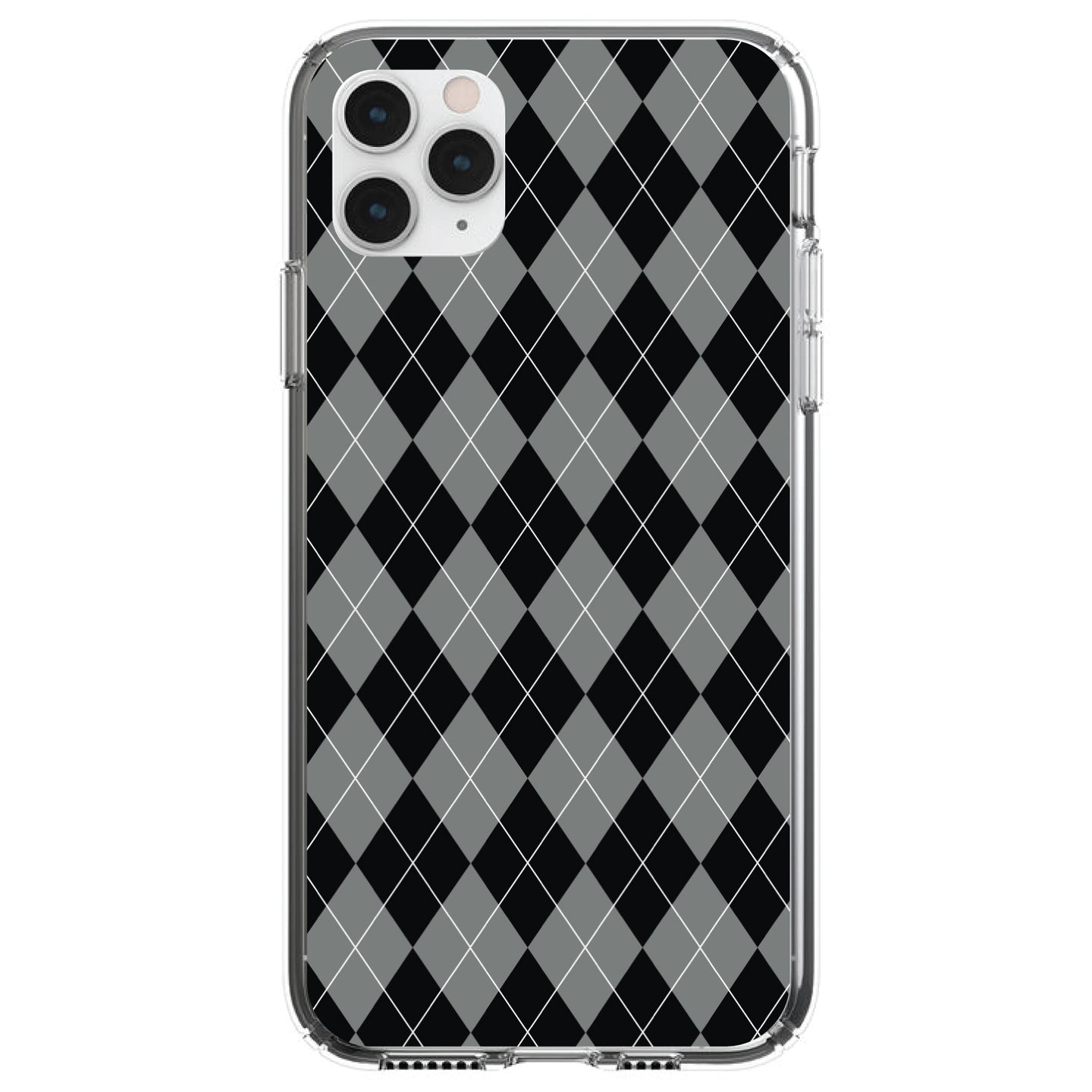 DistinctInk® Clear Shockproof Hybrid Case for Apple iPhone / Samsung Galaxy / Google Pixel - Black Grey White Argyle