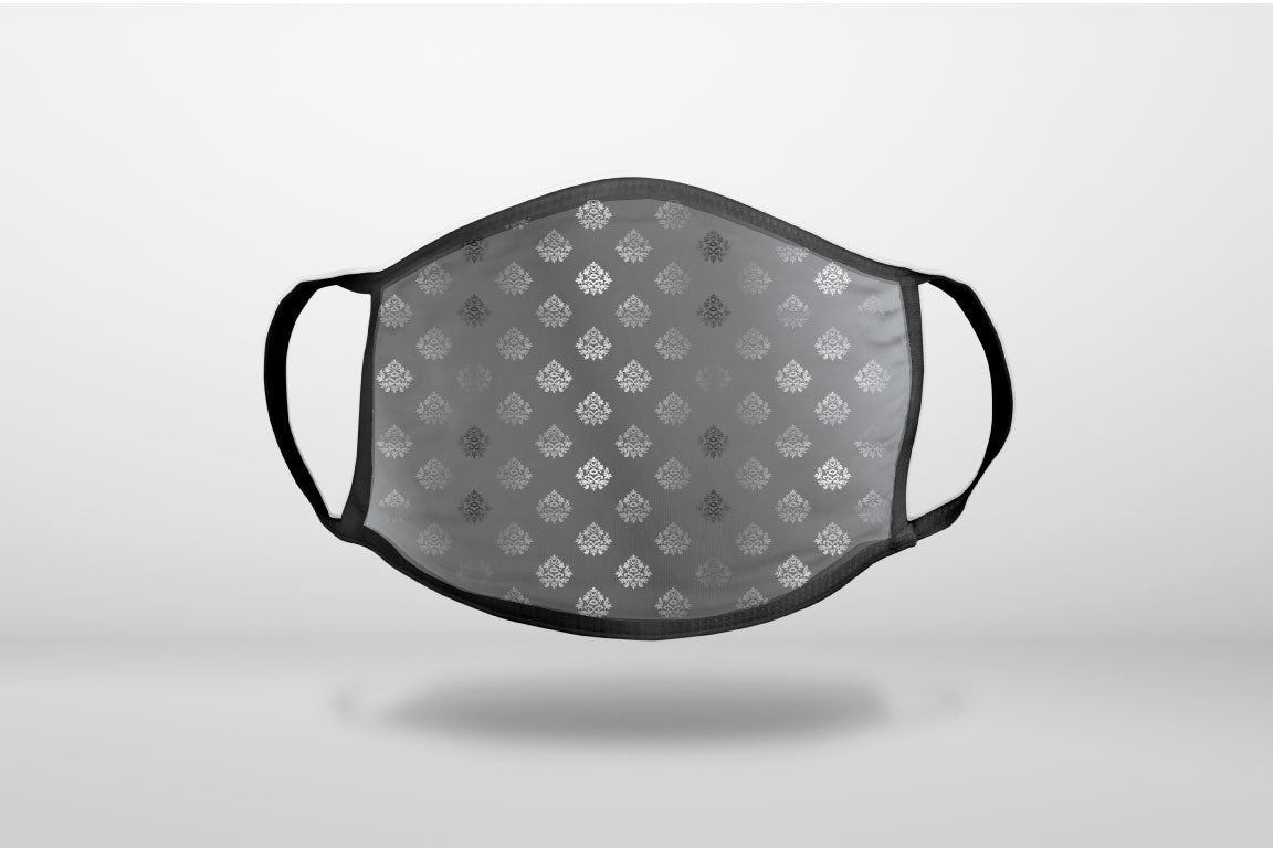 Silver Grey Black White Damask - 3-Ply Reusable Soft Face Mask Covering, Unisex, Cotton Inner Layer